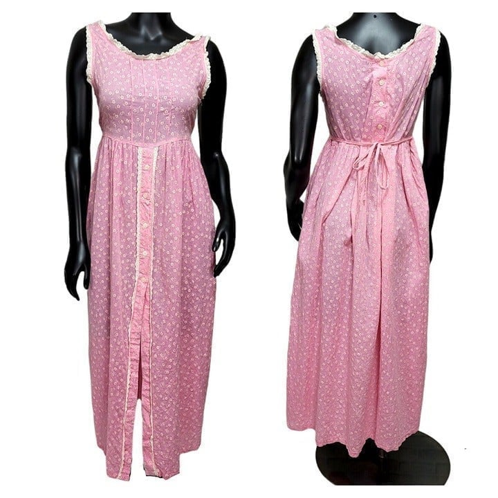 Vintage 80s 90s Pink Linen Cottagecore Prairie Sun Dress Sheer Floral Pattern