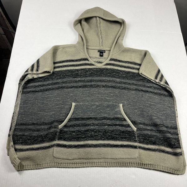 Saks Fifth Avenue Womens Hooded Poncho Sweater Striped V-Neck Kangaroo Pocket OS