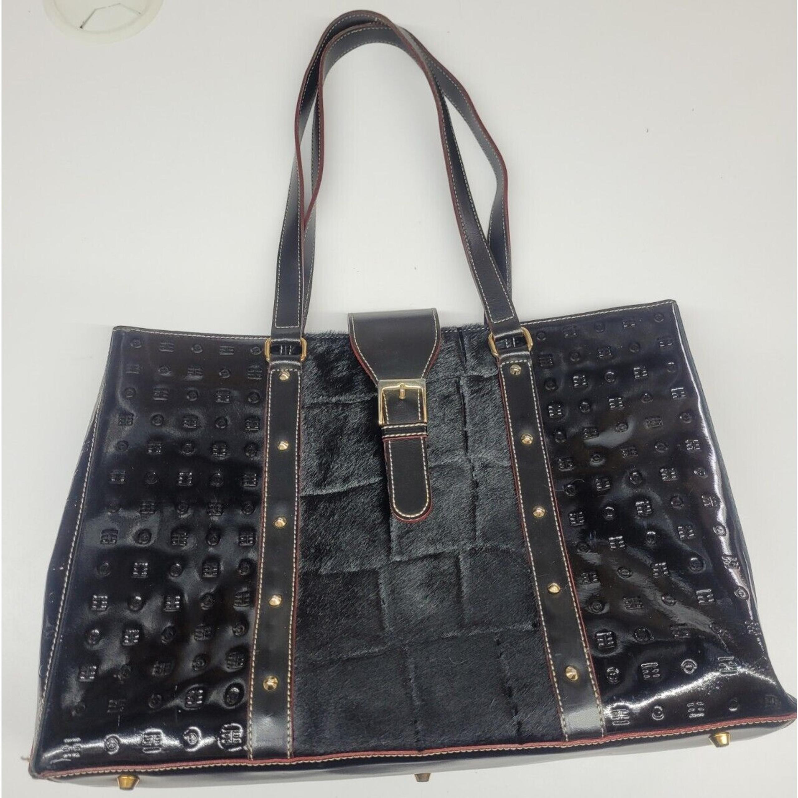 ARCADIA Black Patent Leather Embossed Tote Bag Carryall Handbag Cow Hide