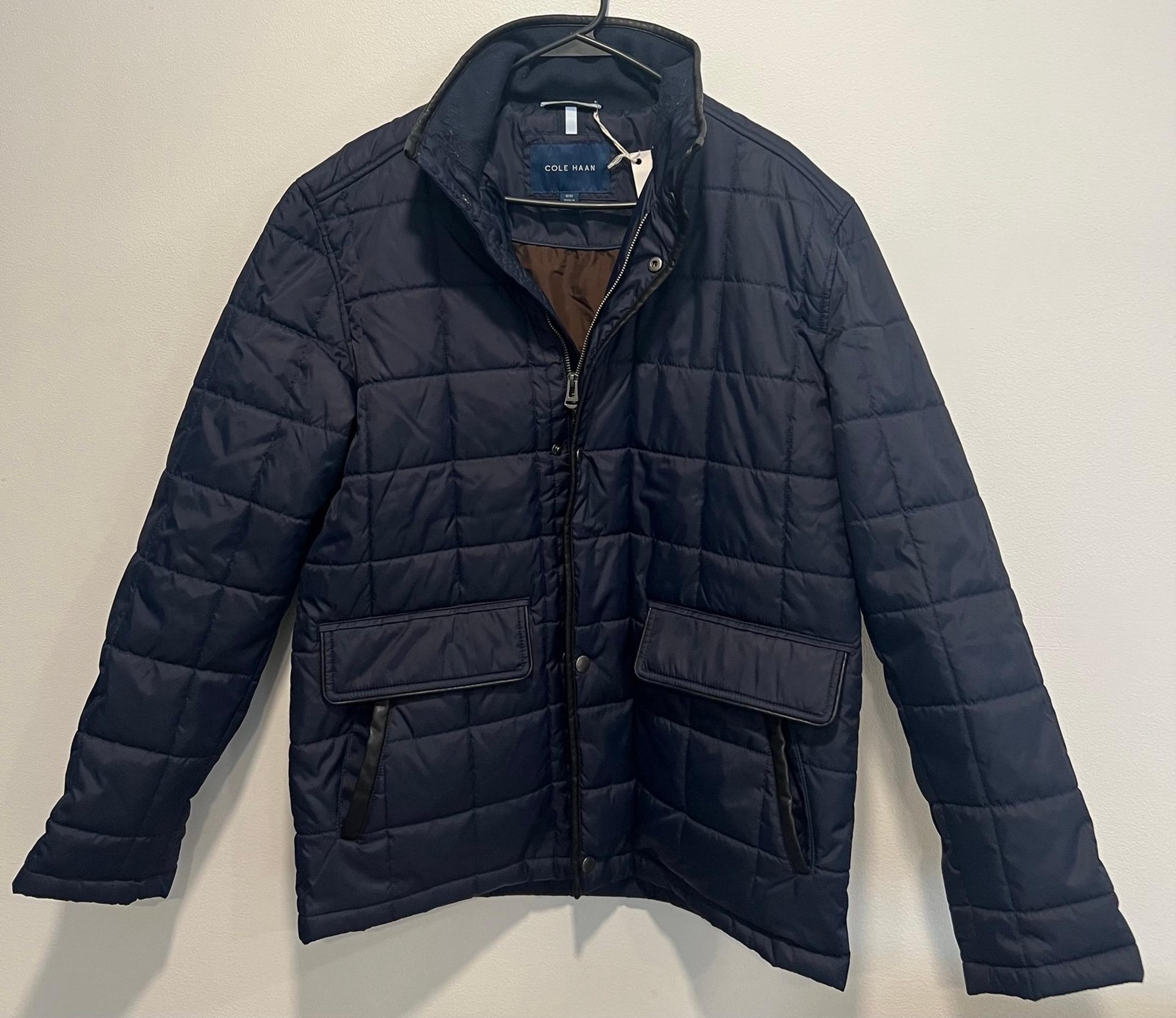 Cole Haan Blue Quilted Puffer Jacket with Stand-Up Collar-Size Medium