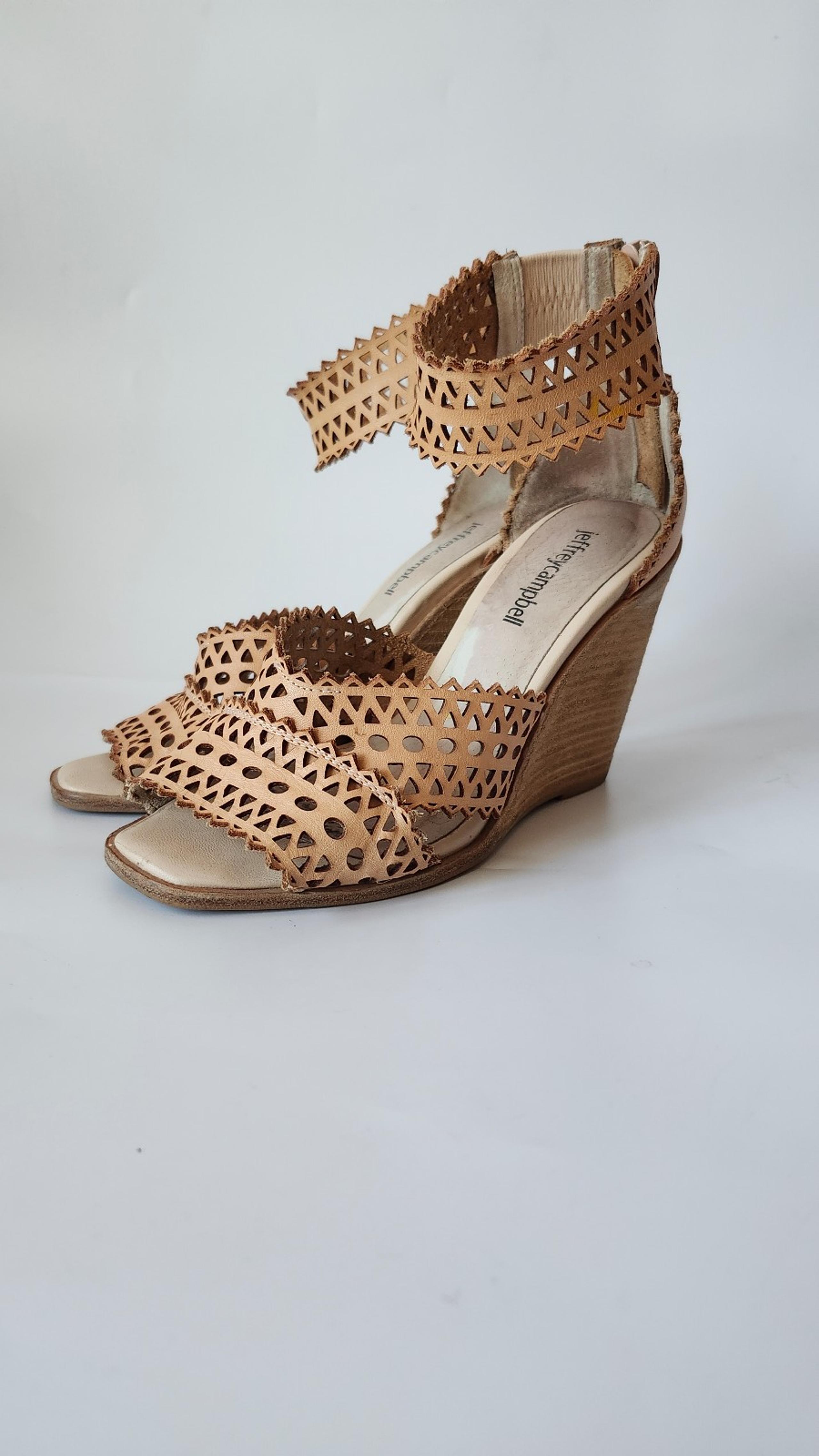 Jeffrey Campbell Womens 6.5 Besante Wedge Sandals Tan Leather Cut Out Zip Heels