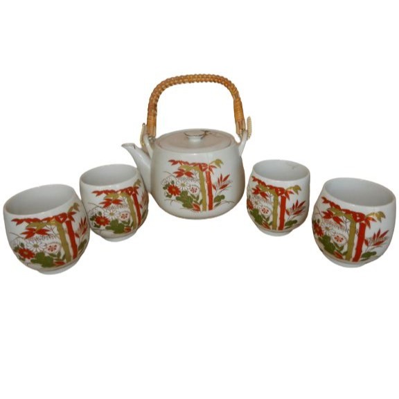 Vintage ceramic sake & tea set w/ bamboo handled teapot & built in strainer