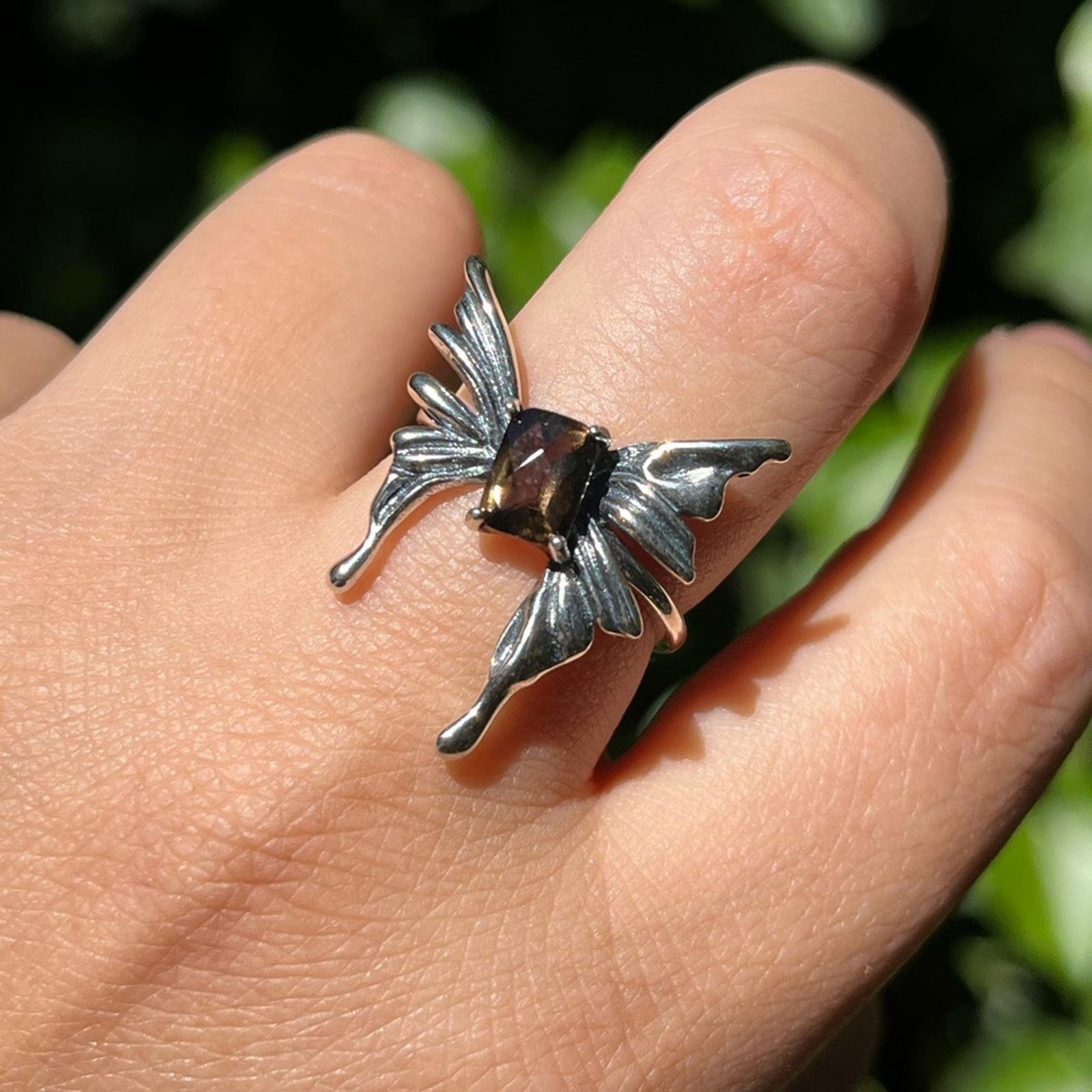 Sterling silver adjustable‎ smoky Quartz butterfly ring