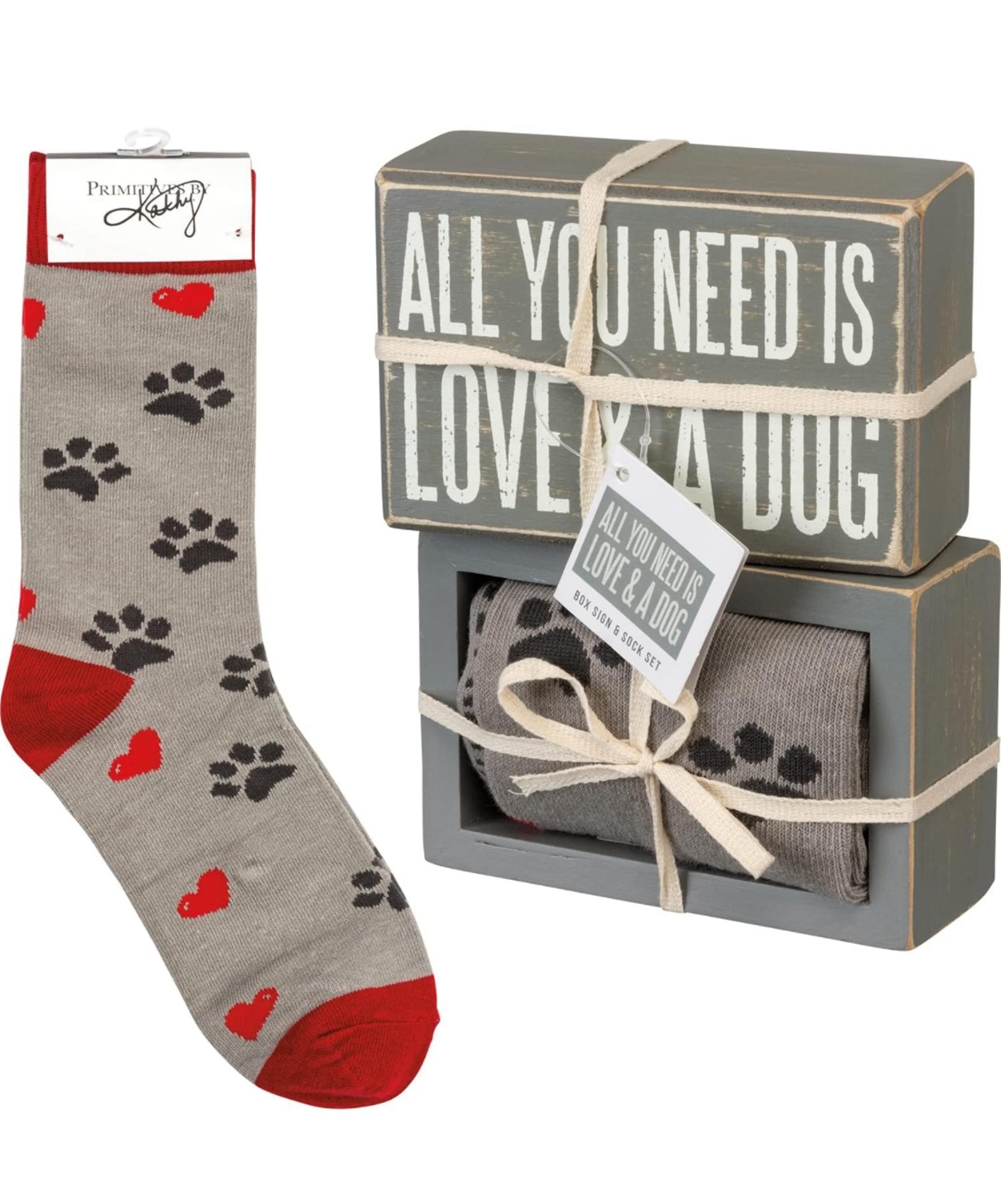 Primitives by Kathy Box Sign/Sock Set - All You Need is Love and a Dog