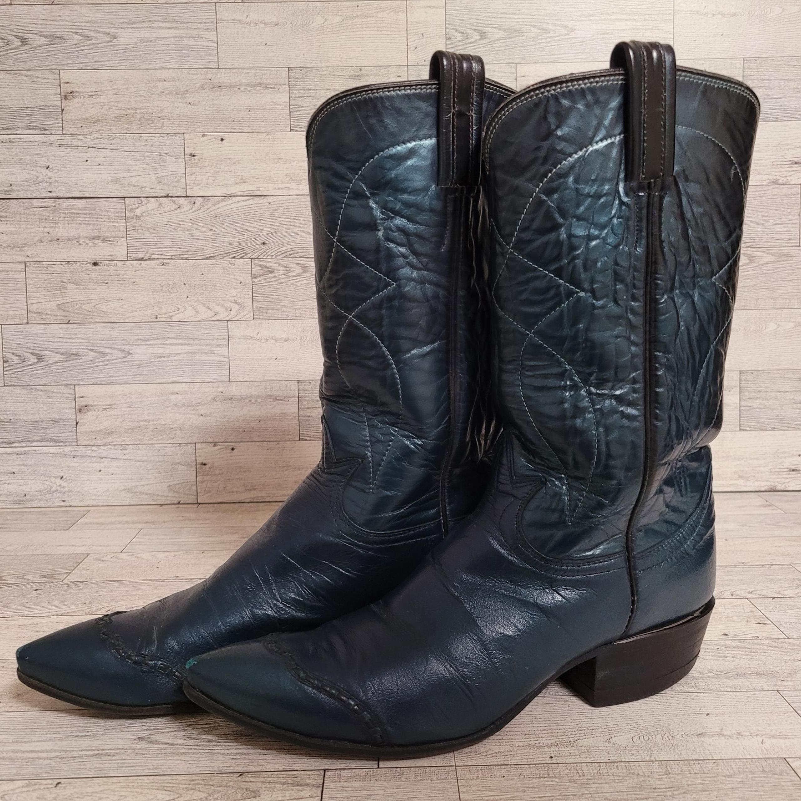 Women's Vintage 60's Tony Lama Metallic Blue Wingtip Cowboy Boots Size 7.5 B