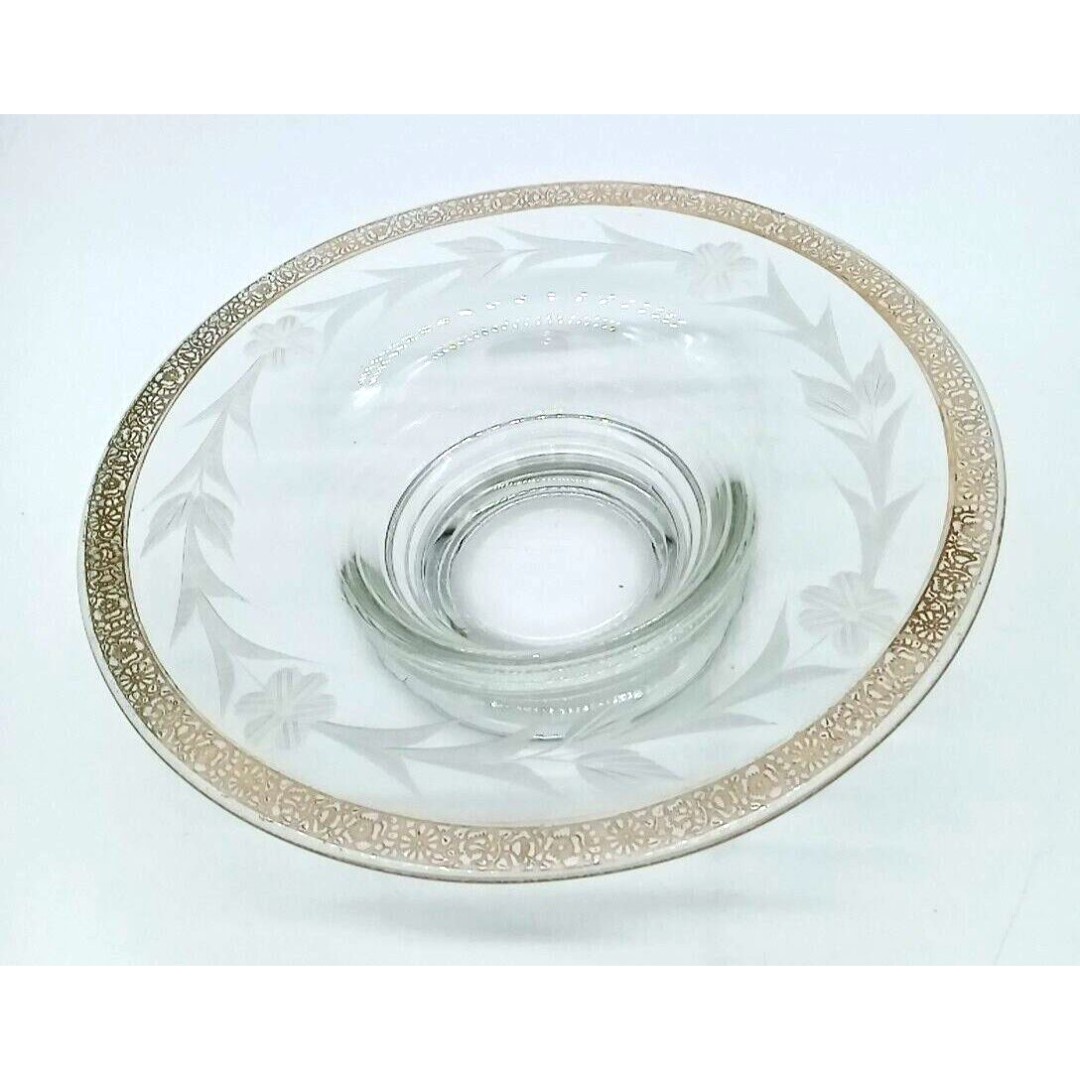 Vtg 1930s Elegant Glass Clear Etched Floral Gold Florentine Mayo Console Bowl