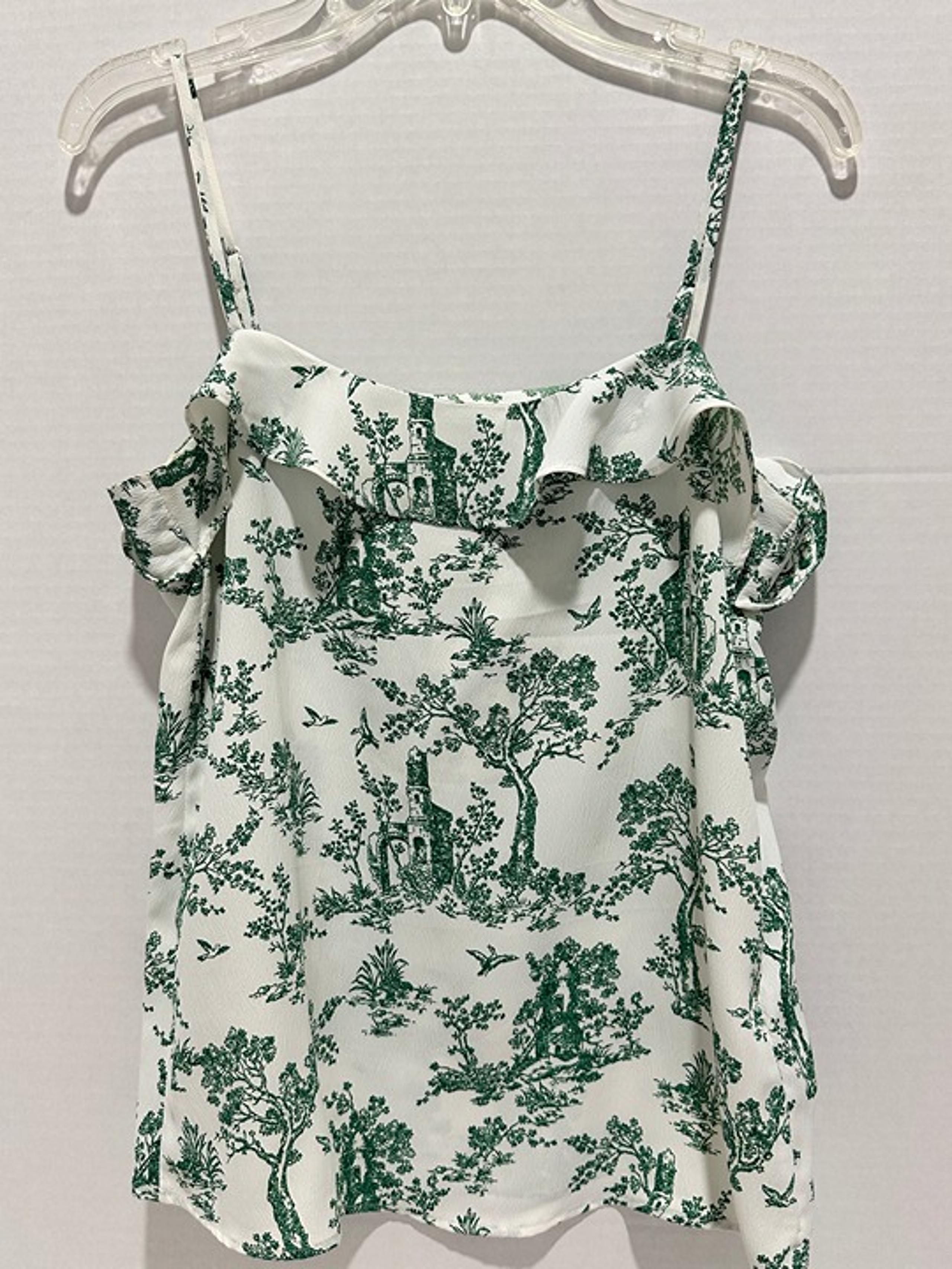 H & M Green and White Ruffle Camisole Size 0 Adjustable Strap