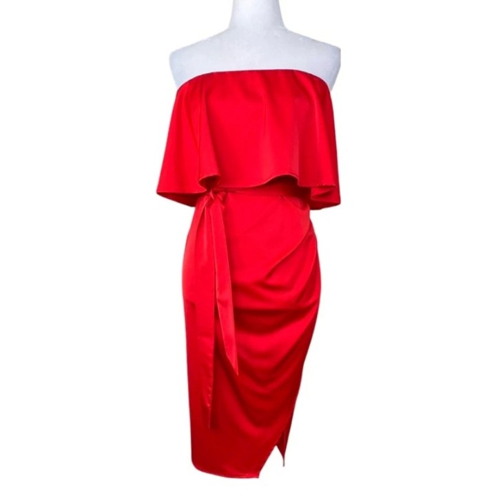 Lovers + Friends Violet Strapless Ruched Red Midi Dress Polyester Blend Women XS