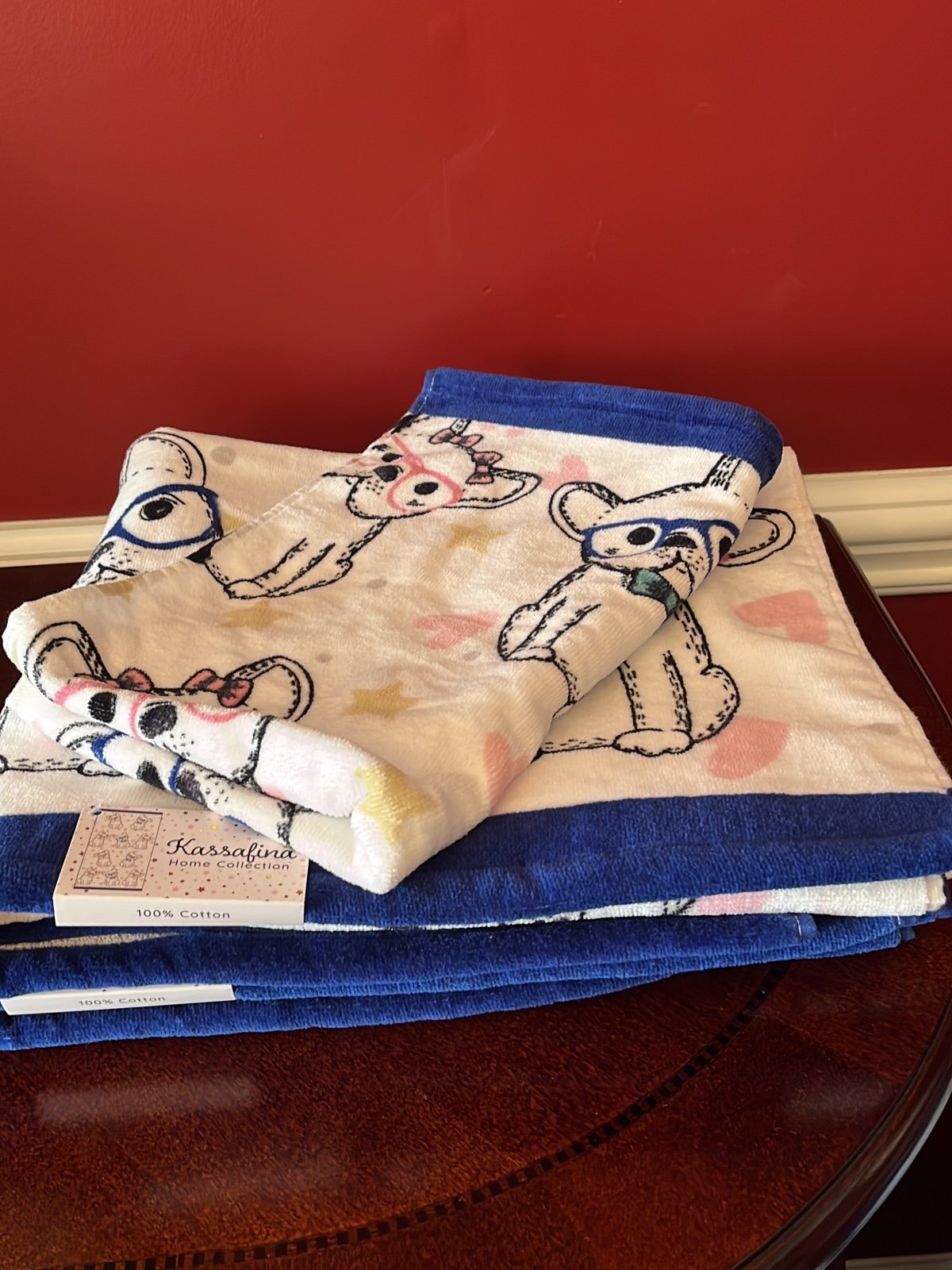 Kassafina French Bulldog Bath Towel SET 3pc. Aqua & White 100% Cotton NEW!