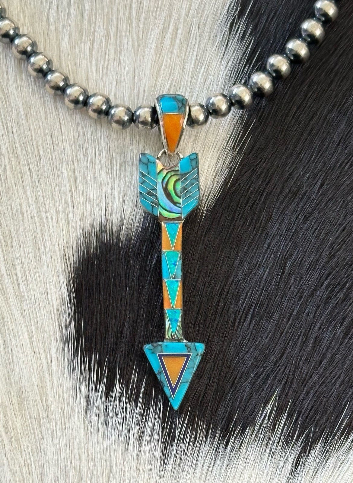 Navajo long inlay arrow southwestern sterling silver pendant