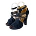 L.A.M.B Hortensia Womens Size 7 Dark Blue Fringe Suede Brown Strap Heels
