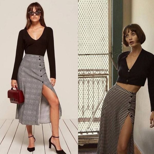 Reformation Veronica Pencil Skirt Women's 4P White Black Plaid Button Preppy
