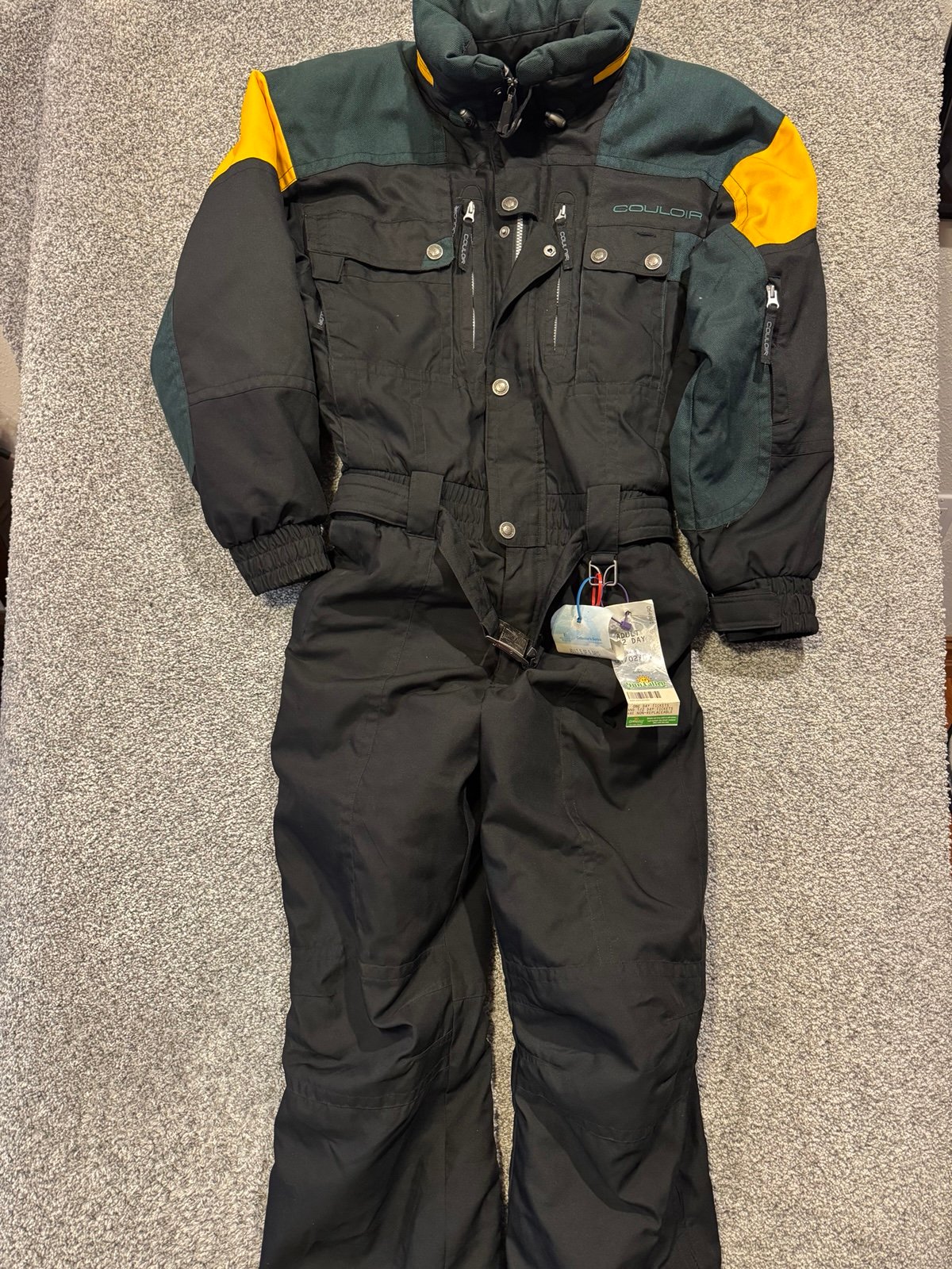 Vintage Couloir Ski Snowsuit Snowbib Black Green Yellow Mens 40 Belt Hood