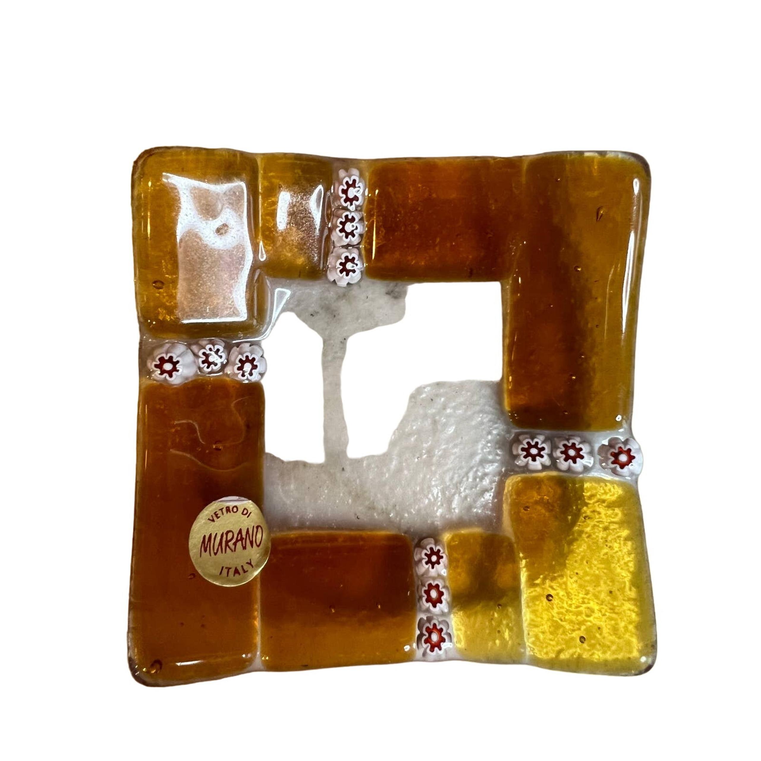 Murano square glass plate amber & flowers