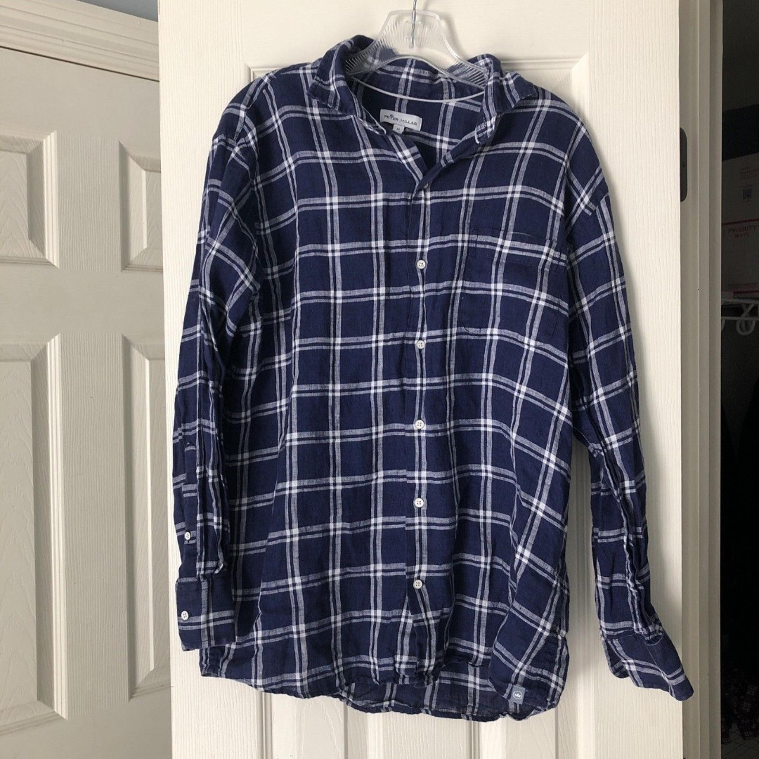 Peter Millar Men’s Medium Blue Plaid Linen Long Sleeve Button Up Shirt Preppy