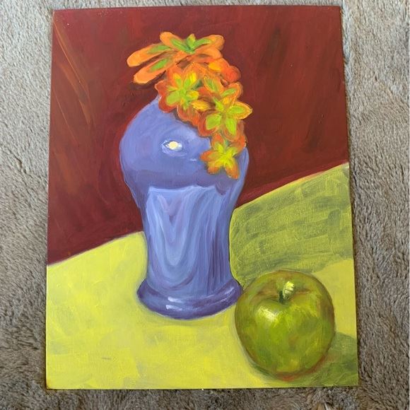 Oil painting of iridescent blue vase, orange flowers and green apple