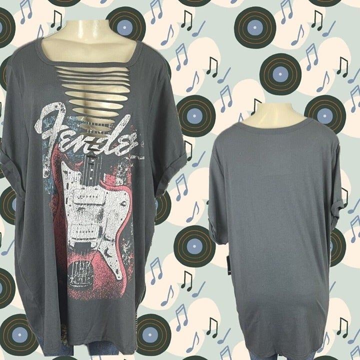 Fender Torrid Plus 6 Charcoal Gray Guitar Graphic Slashed Neck Short Sleeve Tee