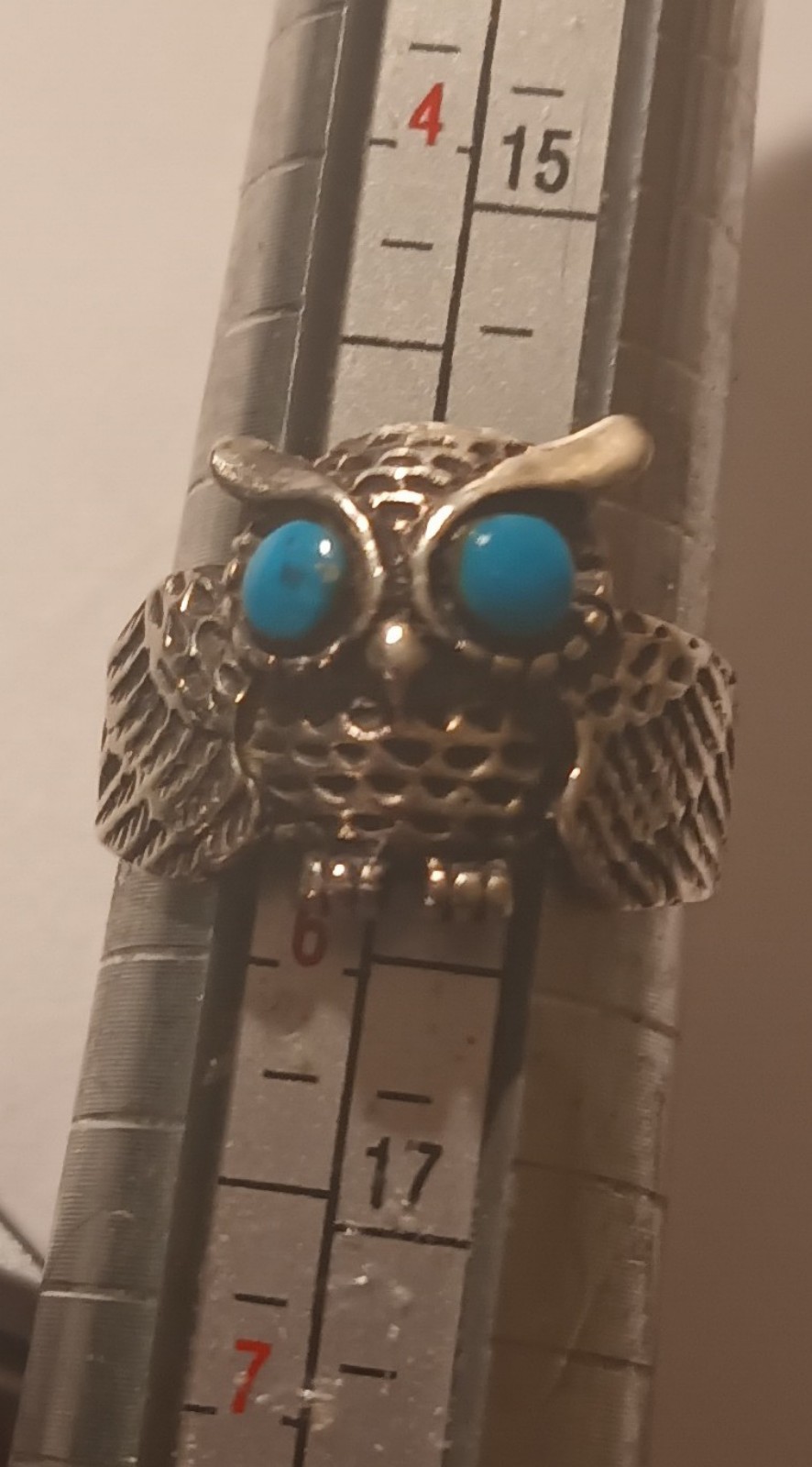 Sterling Silver Owl with Turquoise eyes design size 5.5 Ring.