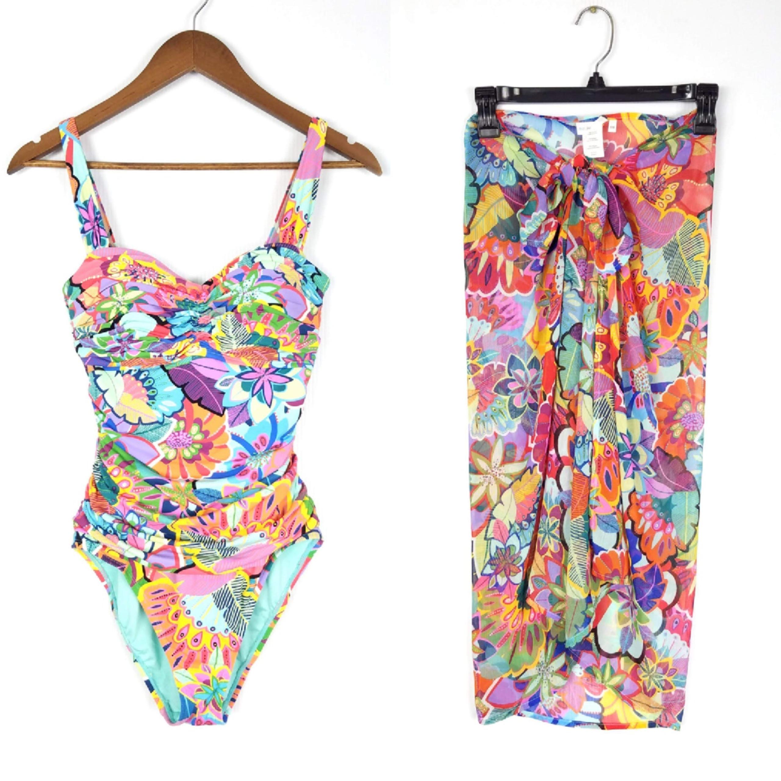 Bleu Rod Beattie One Piece Swimsuit & Matching Sarong Tropical Floral Size 8