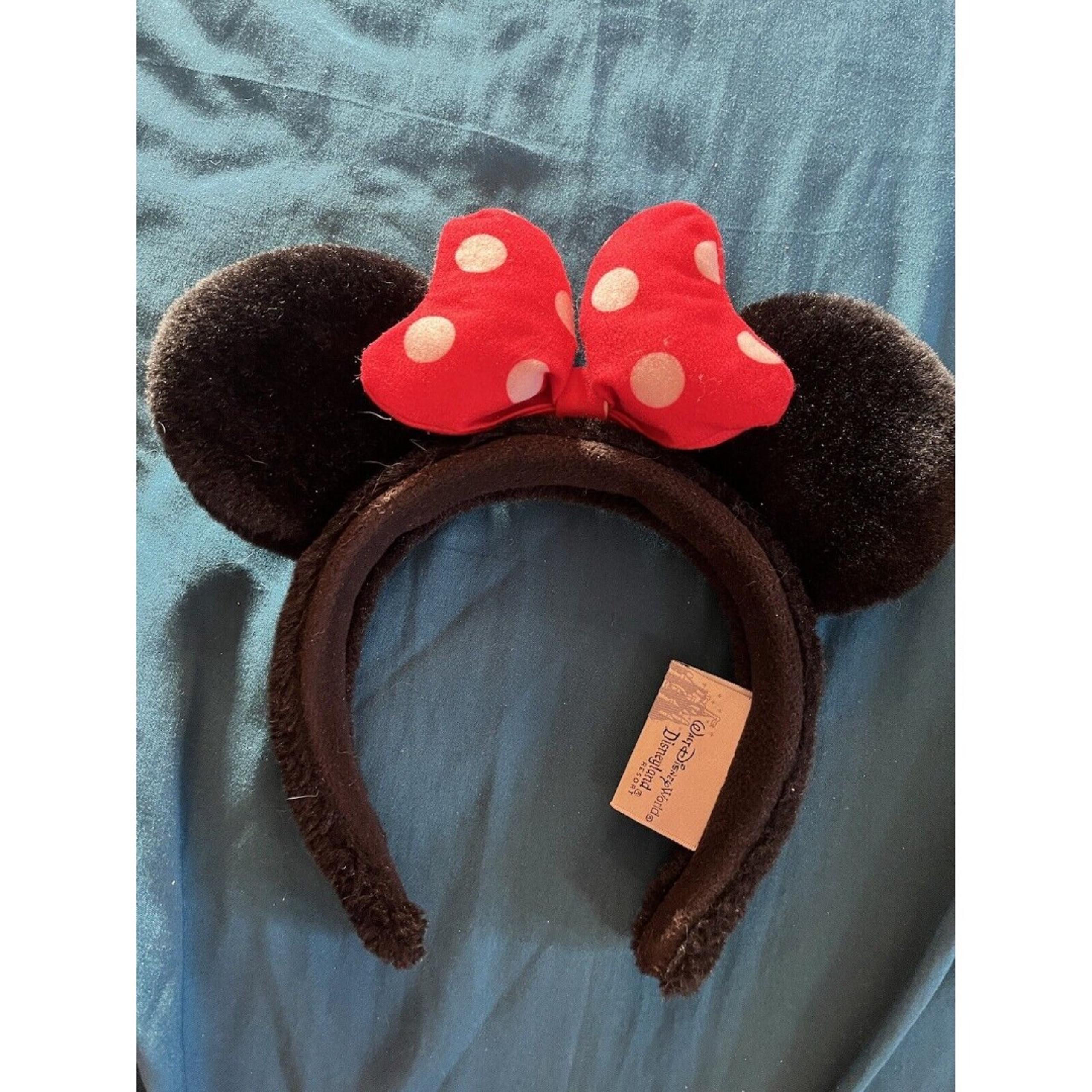 Disney Parks Classic Minnie Mouse Ears Red Bow White Polka Dots Fuzzy Headband