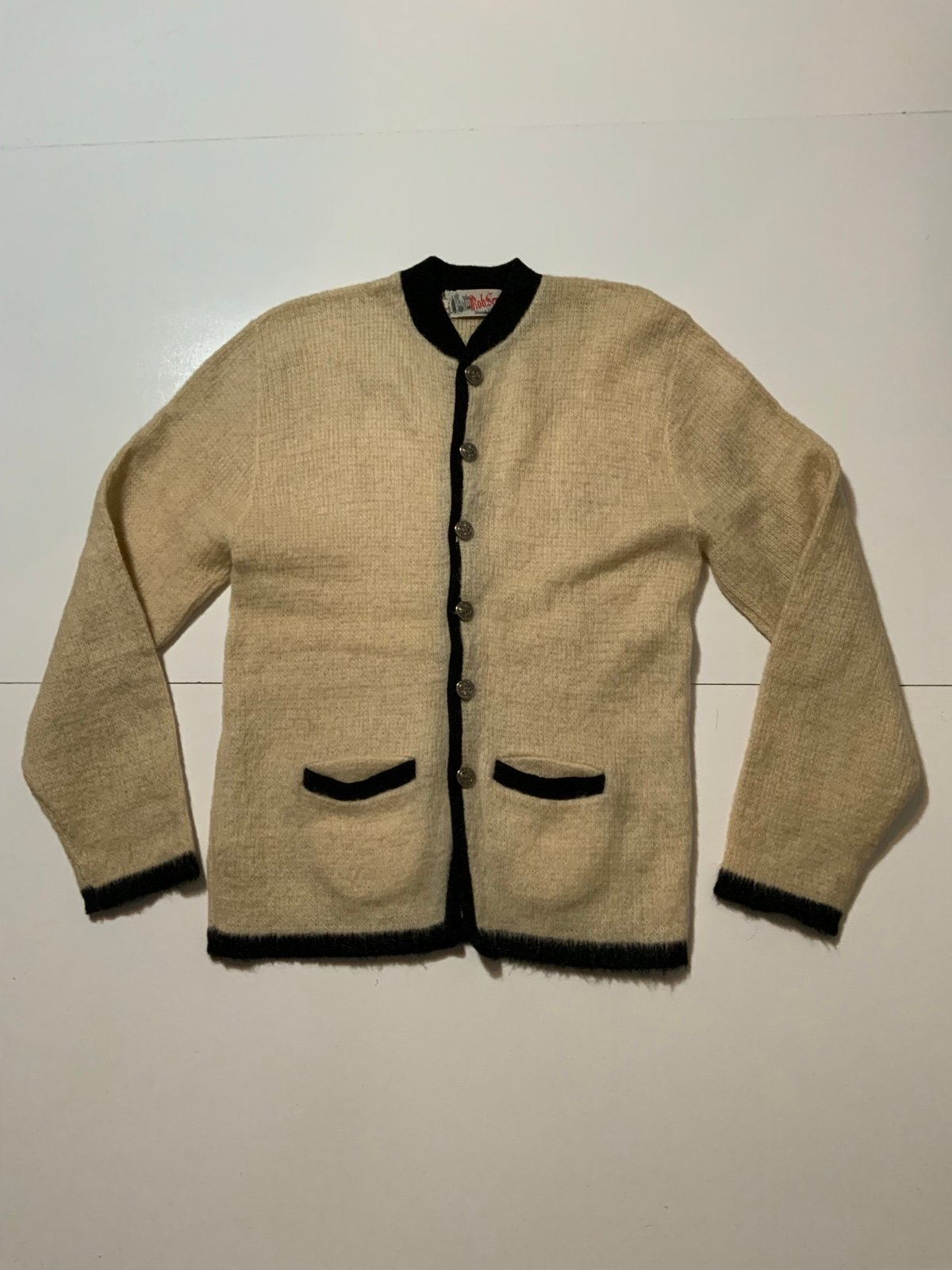 Vintage 60s Rob Scot Mohair Lambswool Hessian Soldier Button Cardigan Sweater