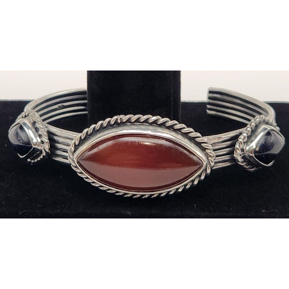 Vintage Sterling Silver Cuff Bracelet w/ Moonstones & Carnelian Marked 925