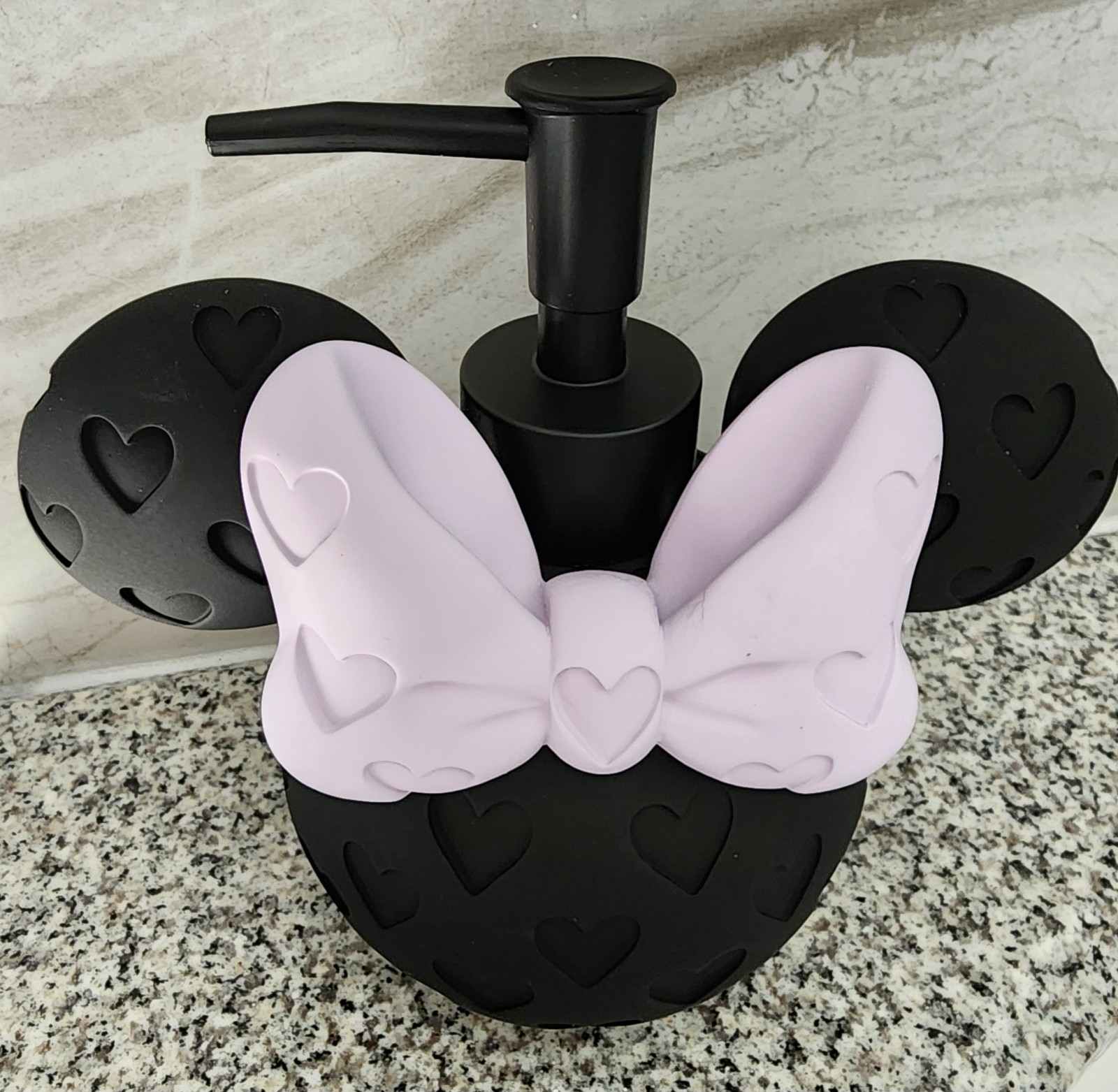 NWT Disney Minnie Mouse Black Soap Dispenser 6in Purple Heart Bow Lotion Pump