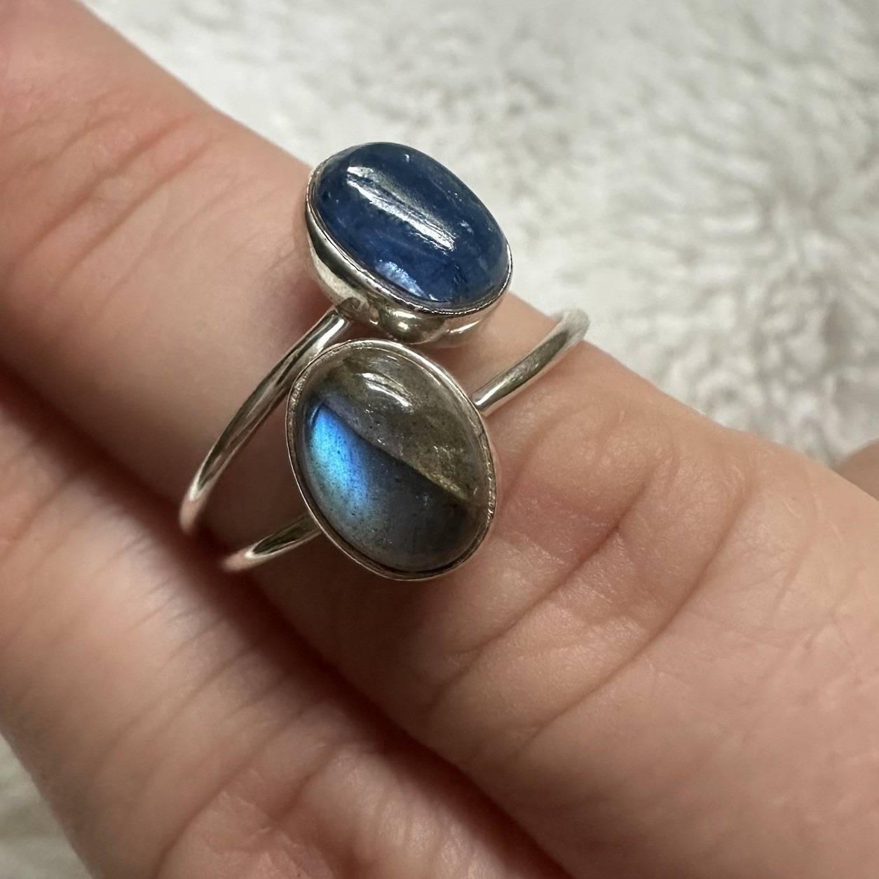 .925 Sterling Silver Thin Dainty Stacking Rings Labradorite Blue Kyanite Crystal