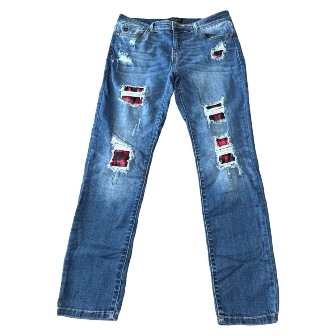 Judy Blue Destroyed Buffalo Plaid Patch Skinny Jean Medium Wash Women’s Size 32