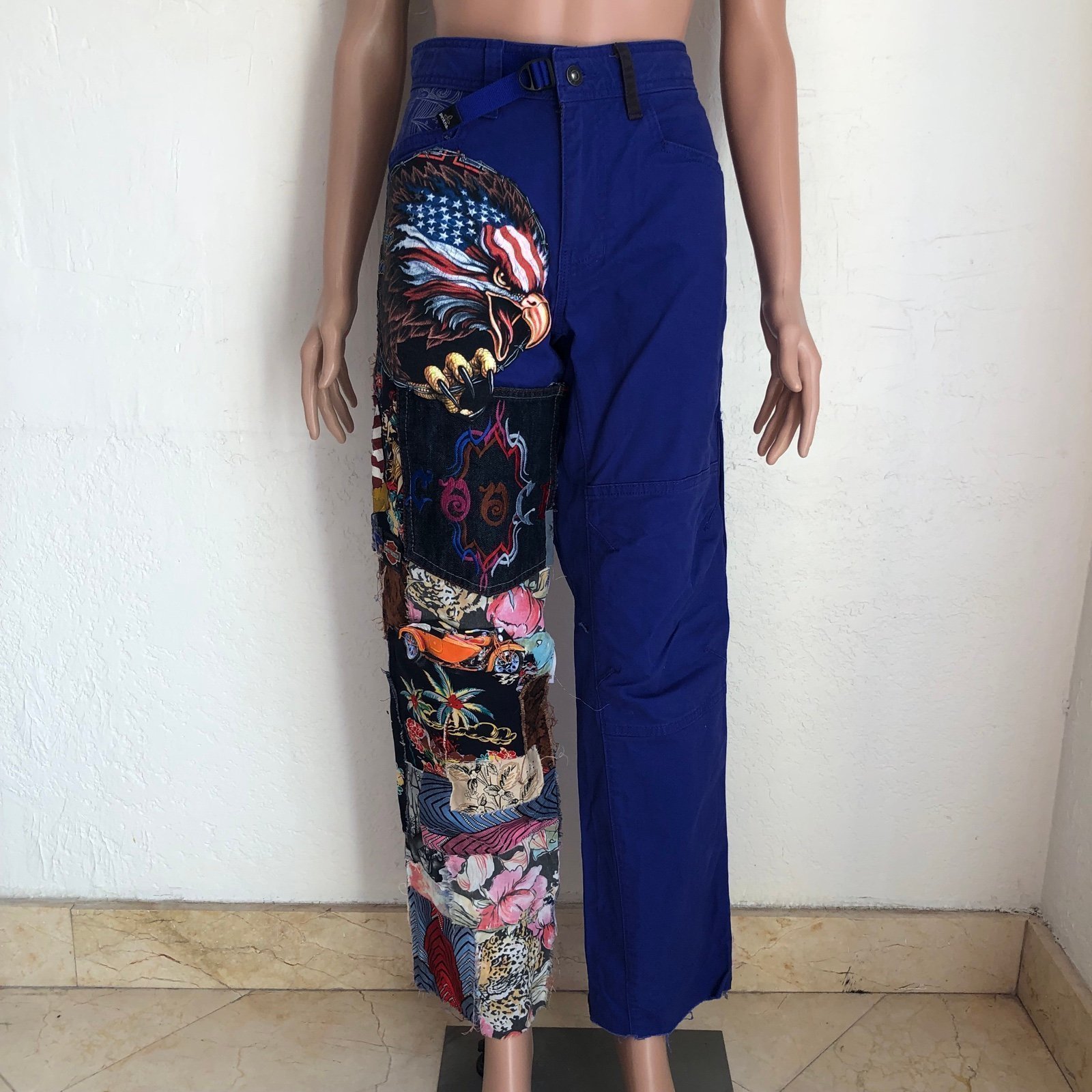 prAna Blue Cargo Pants Patched Distressed Art Work Attachments Women’s Size 30