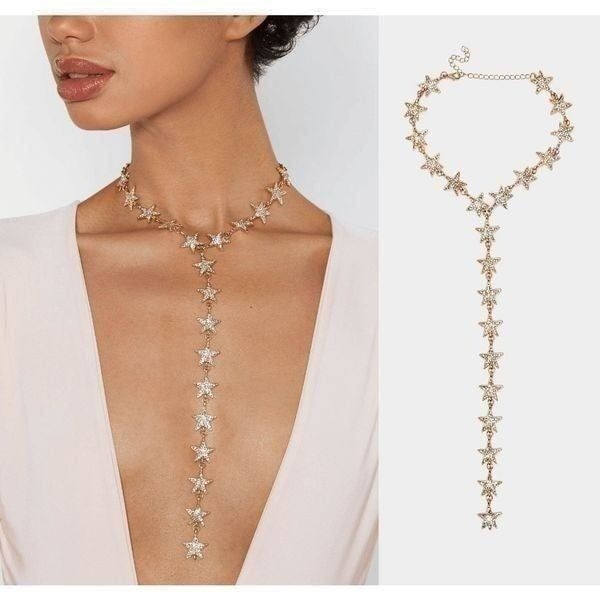 Star Drop Spangled Rhinestone Lariat Y-Shaped Choker Long Necklace NEW