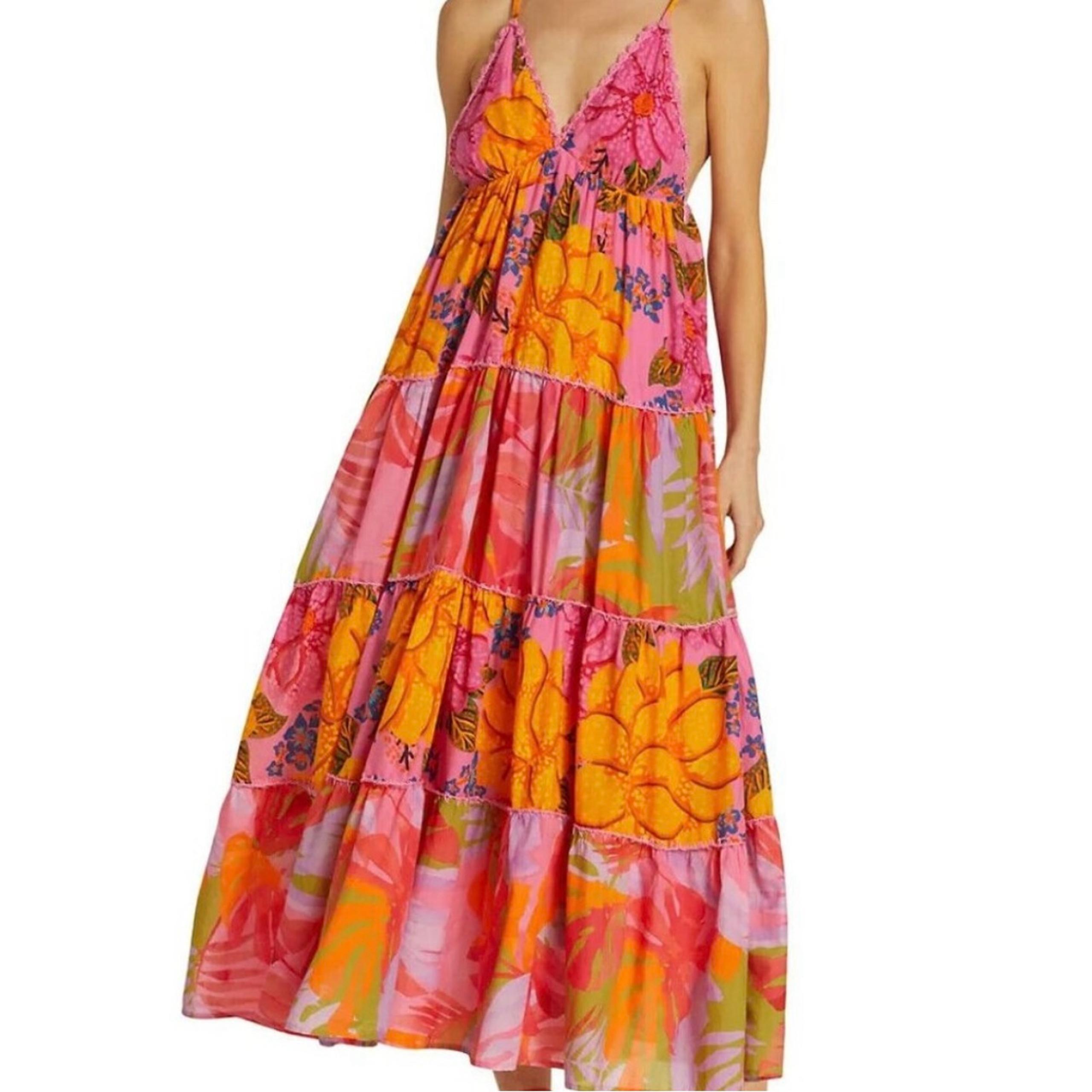 NWT! FARM Rio Mixed Pink Prints Floral Tiered Maxi Dress Size XL NWT! (Saks)