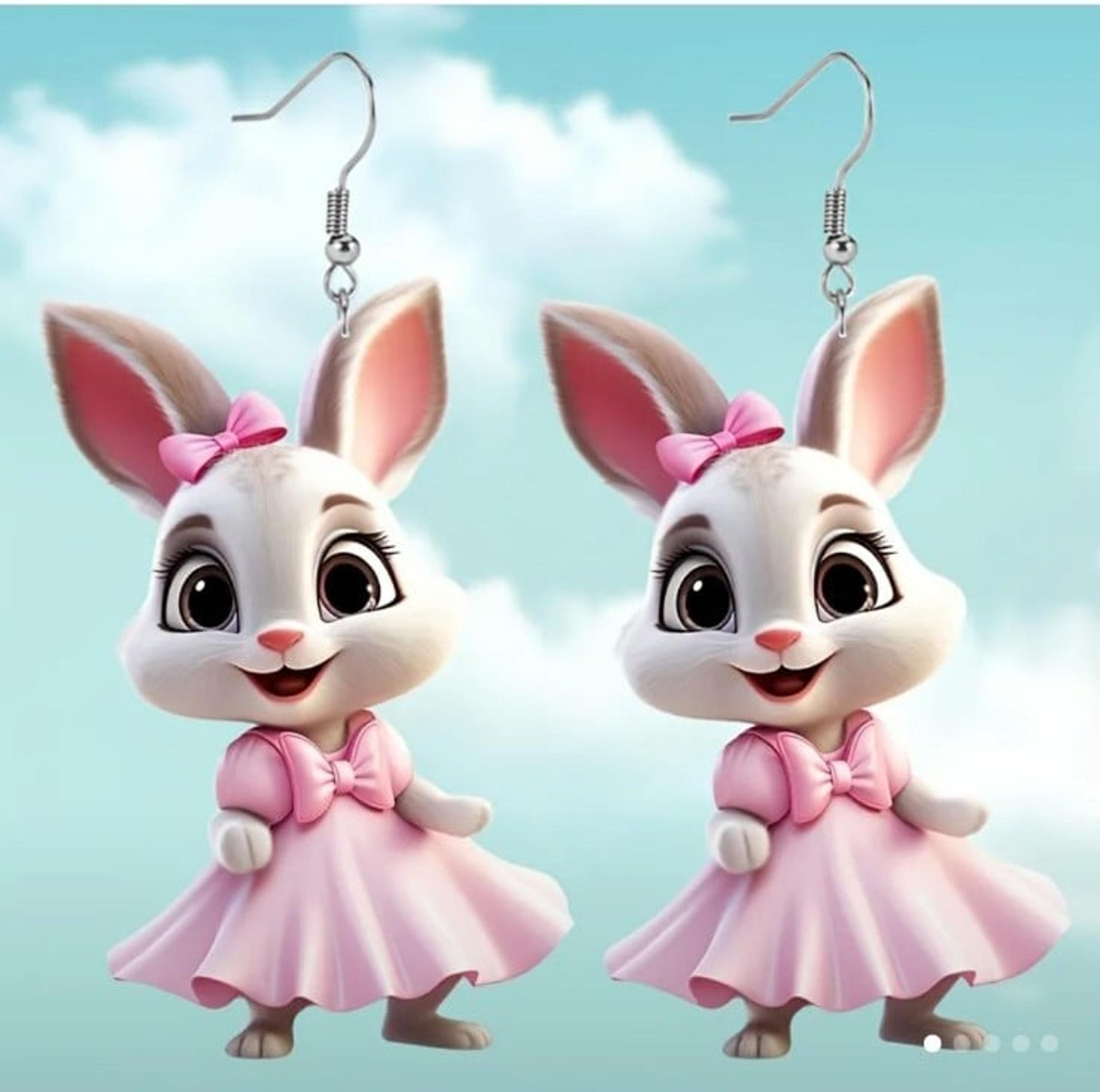 Bunny in Pink Dress 2 Dimensional Acrylic Earrings Brand New