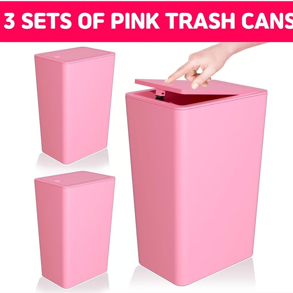 3 Pack Bathroom Trash Can with Lid,10L / 2.6 Gallon Slim Wastebasket - Pink