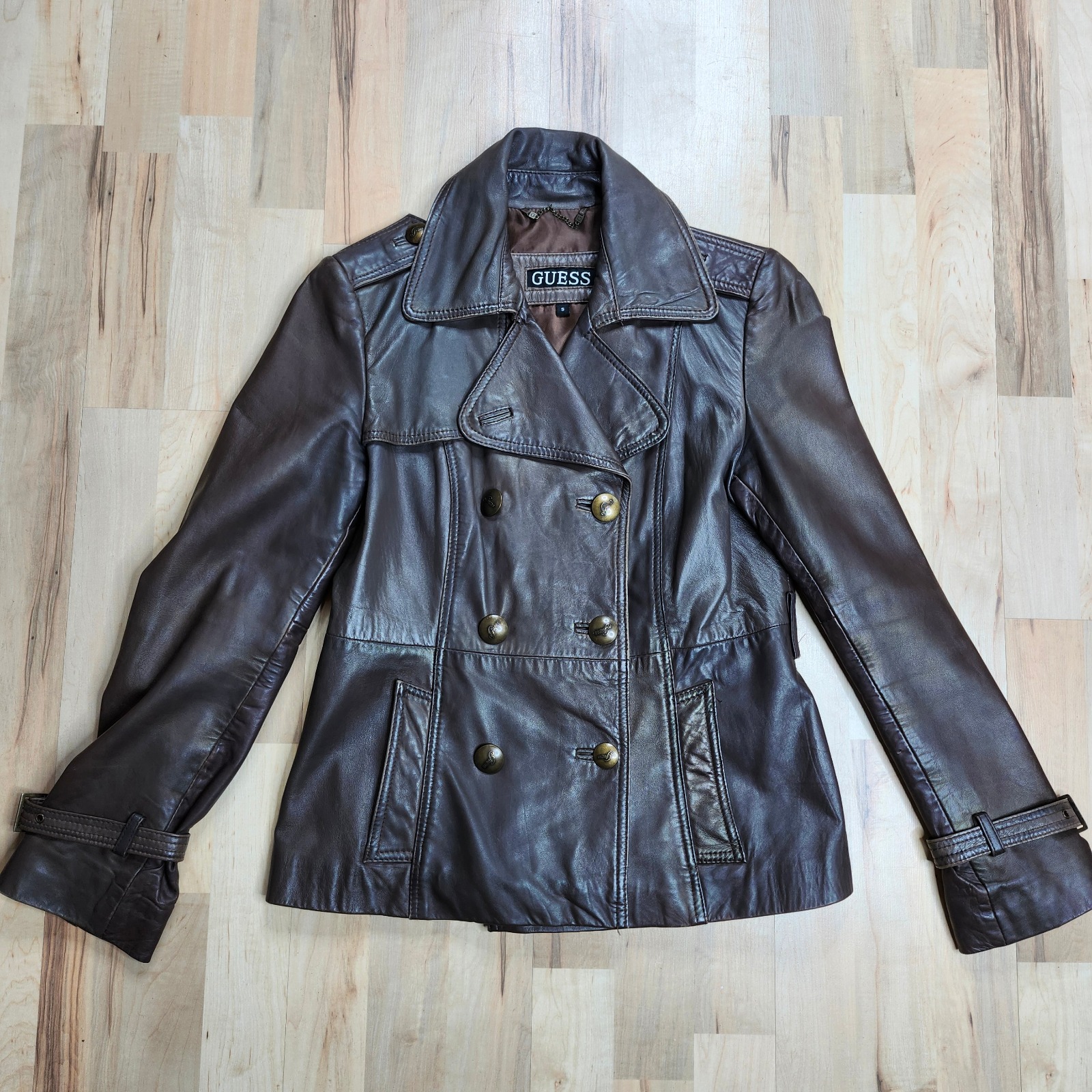 Guess Leather Jacket Double Breasted Brown Moto Biker Coat Women's Small