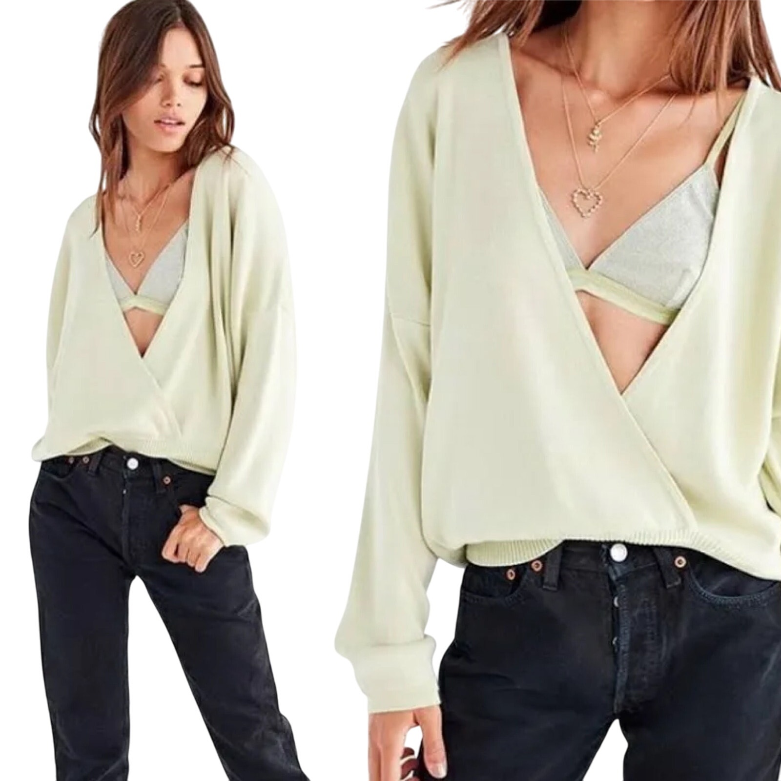 Urban Outfitters Erin Surplice Deep V Neck Sweater Slouchy Light Mint Green M