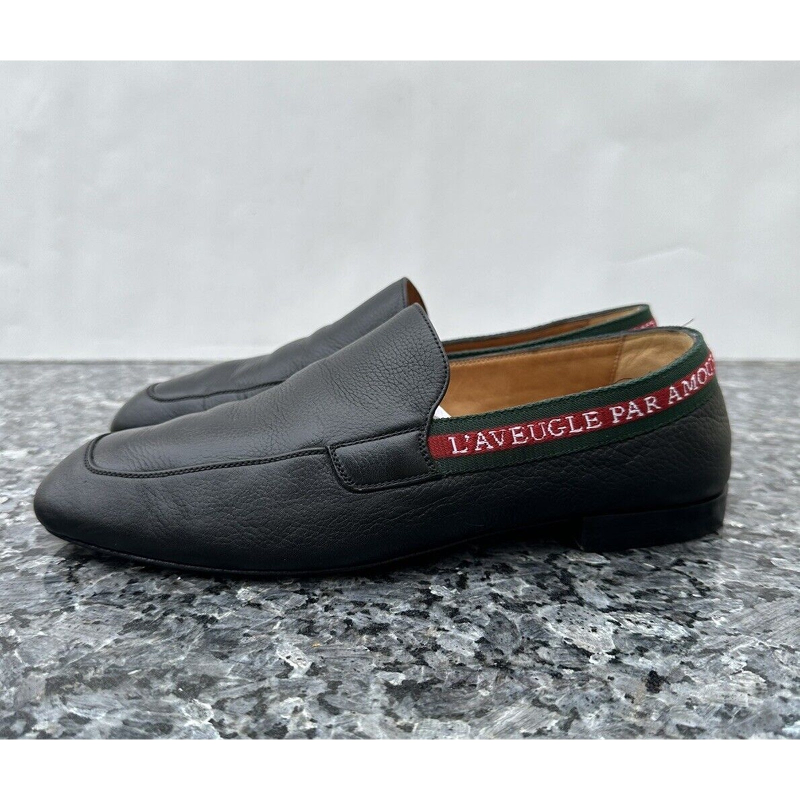 GUCCI L'AVEUGLE PAR AMOUR BLACK LEATHER WEB LOAFERS SHOES Men’s Size 7