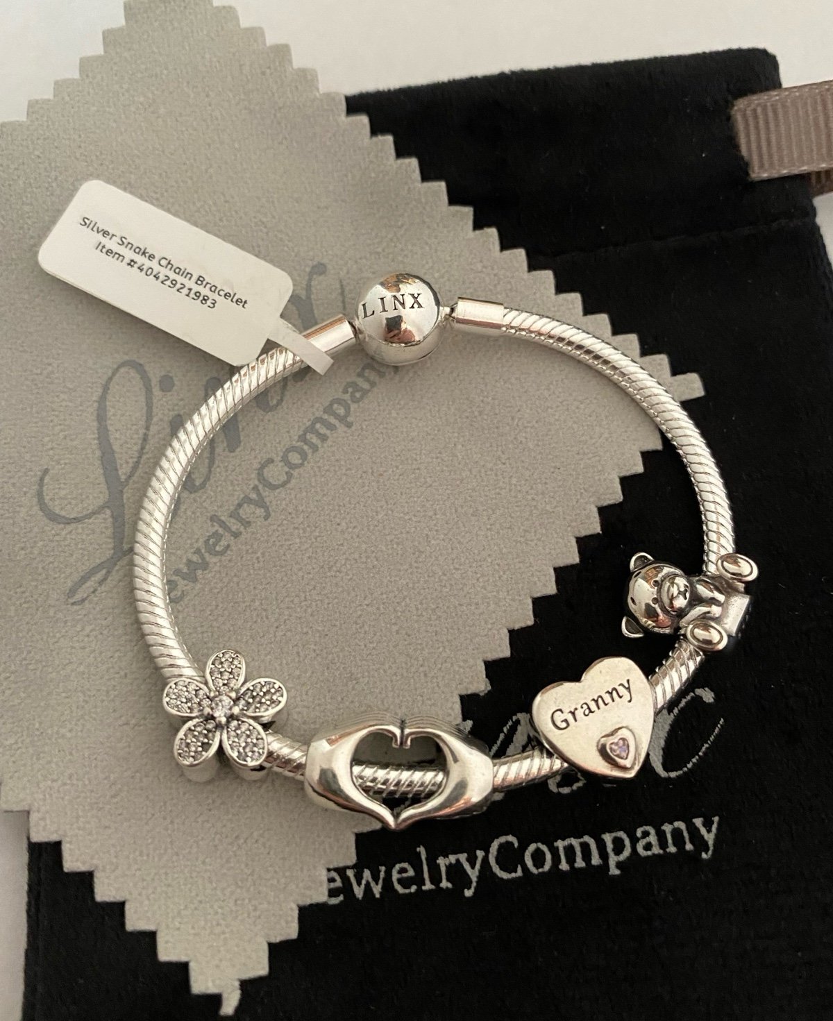 Linx Snake Chain Bracelet with Granny Themed Charms 925 sterling silver