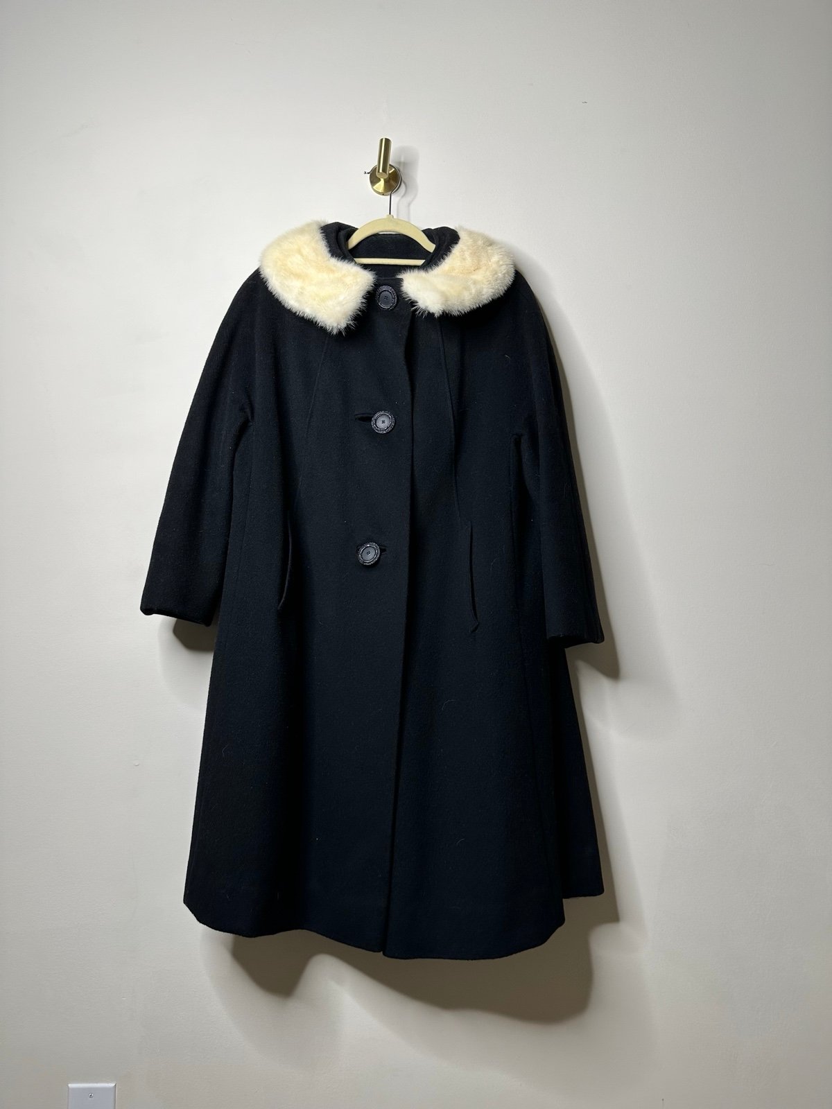 Vintage '60s Mid Century Black Wool Blonde Mink Fur Collar Women's M/L