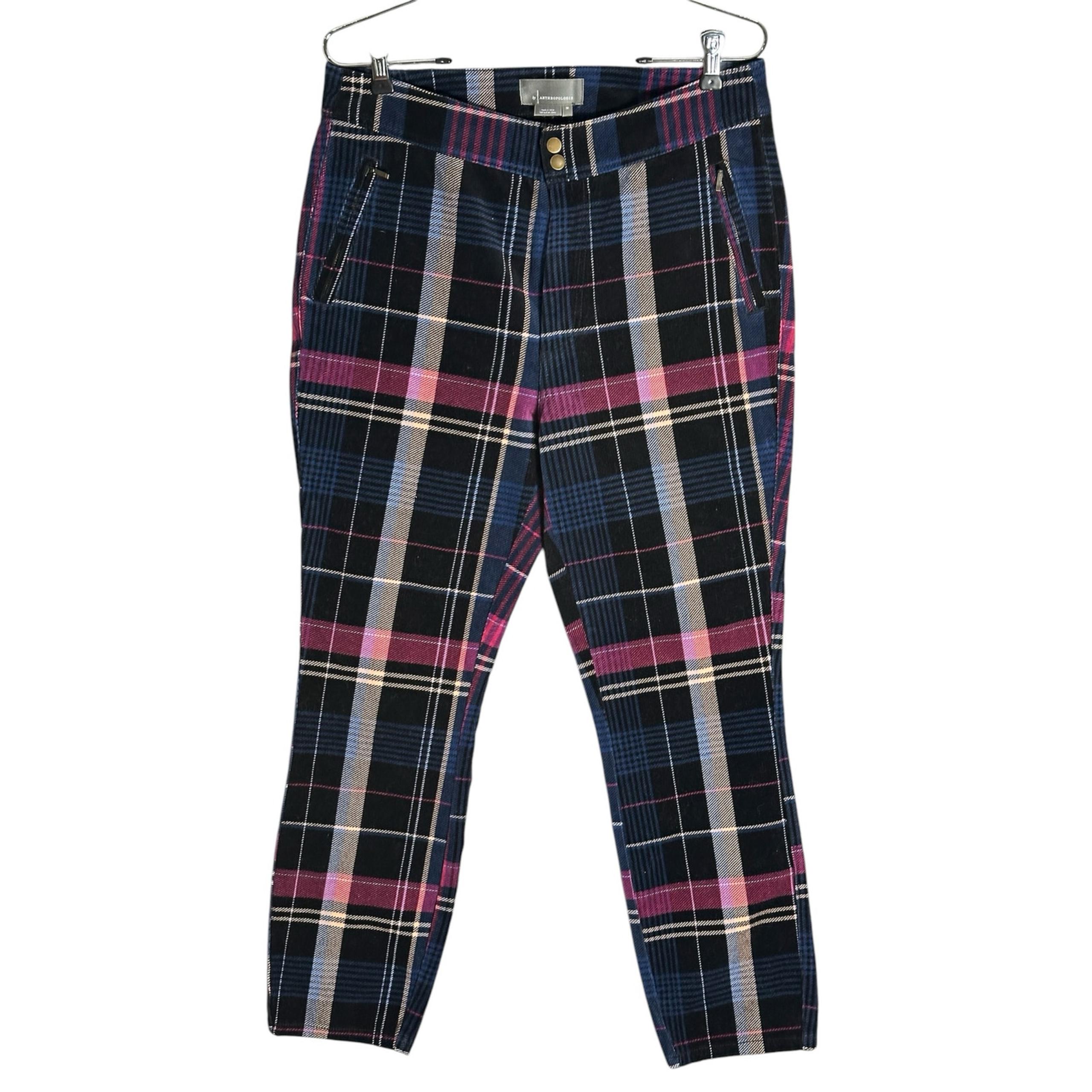 Anthropologie Sz 32 Alicia Plaid Moto Corduroy Slim Pant Black Pink Trouser Punk