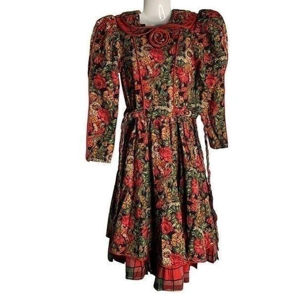 Vintage 90s Daisy Kingdom Girls Holiday Dress 8 Black Red Floral Plaid Puff Slee