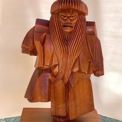 Japanese Fox Demon Spirit Hand Carved Yew Wood Statue 11.5” Noh Theater Kotobide