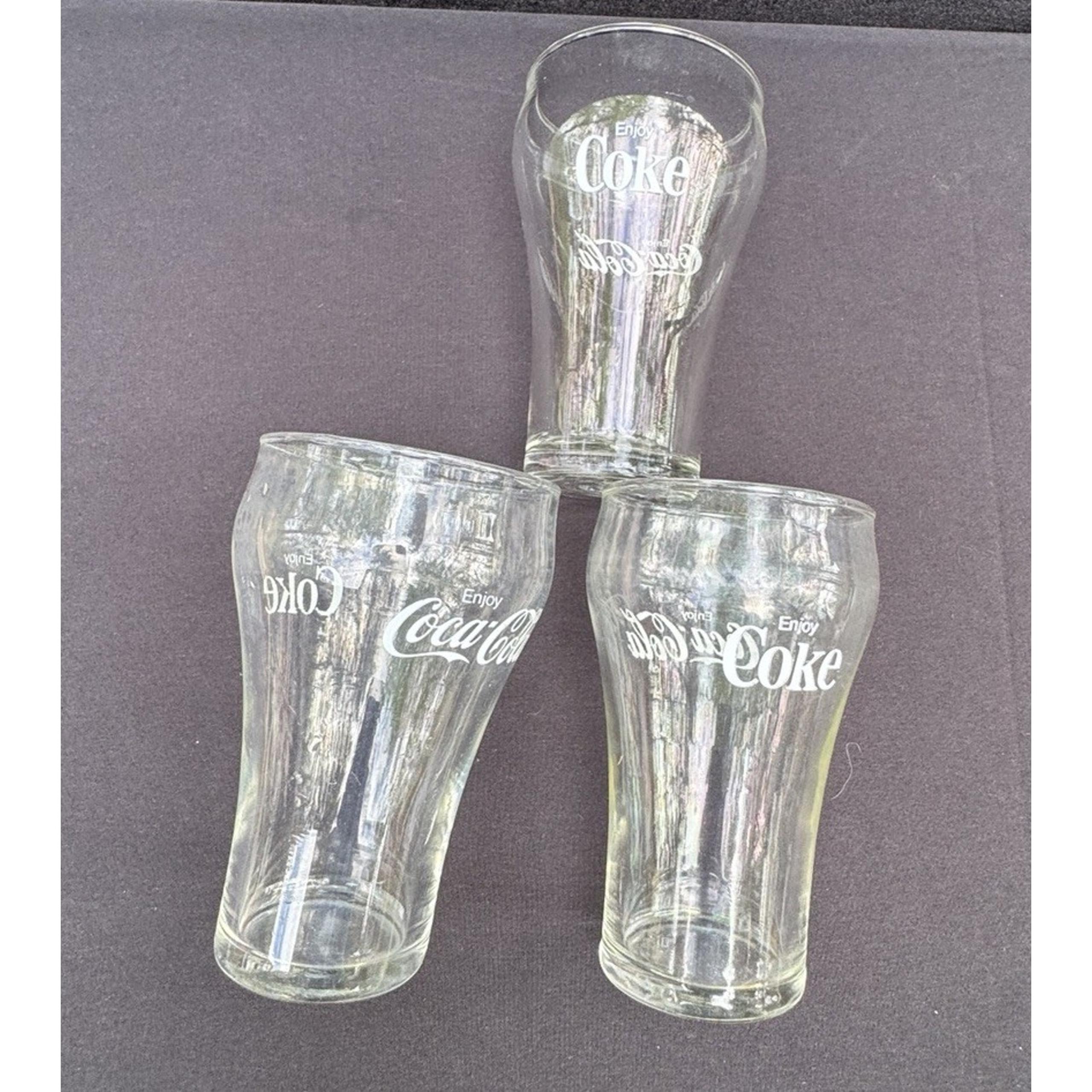 Vintage Set Four Enjoy Coca-Cola Coke White Clear Retro 3x5 Bell Glasses