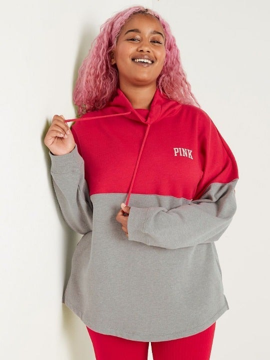 VS PINK VARSITY COWL NECK PULLOVER RED PEPPER CLAY GREY COLORBLOCK M NWT