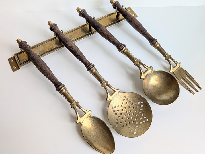 French Brass Kitchen Utensil Set Hanging Rail Rustic Farmhouse Decor