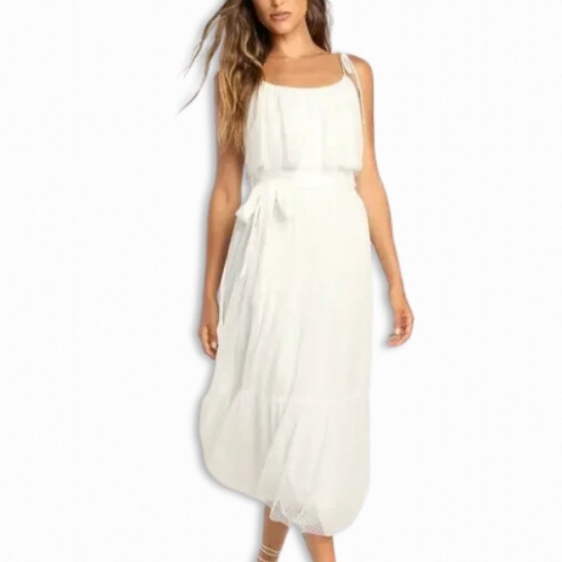 Lulus Mesh Midi Dress Swiss Dot Adjustable Tie Straps Side Zipper White XS NWOT