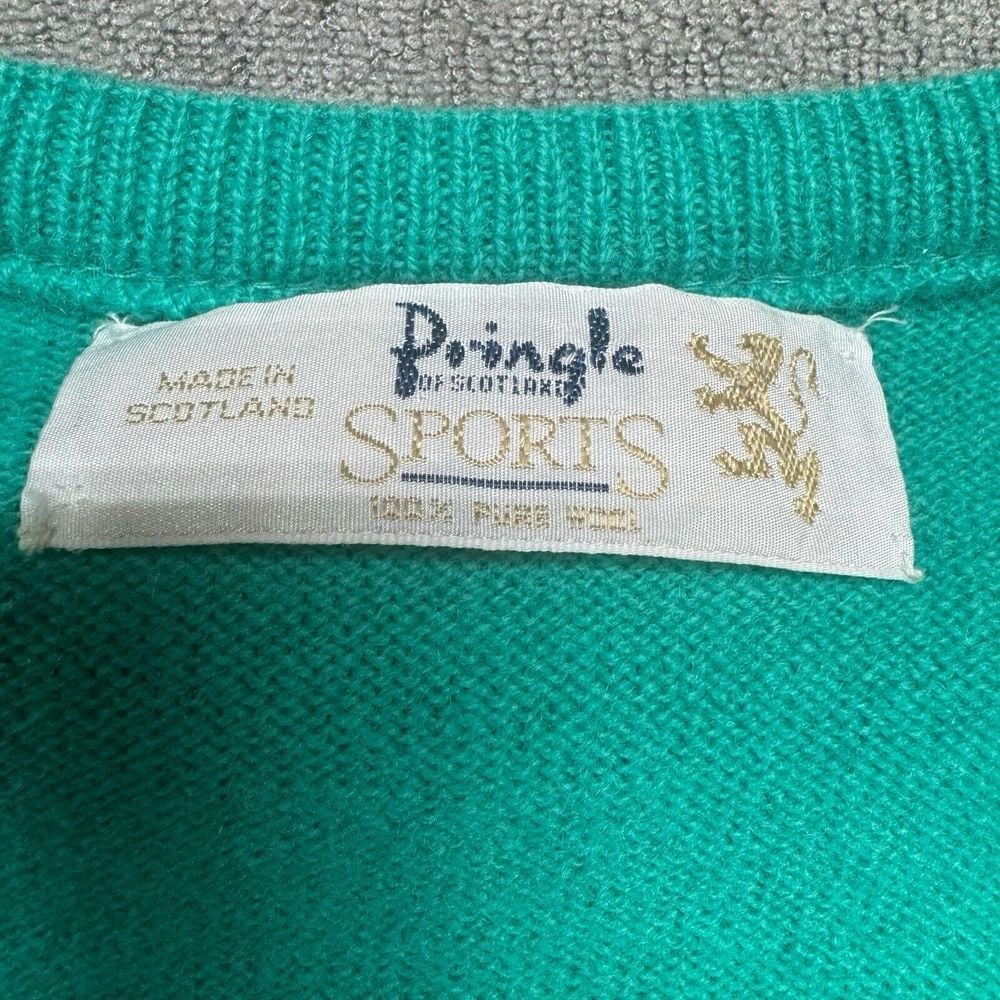 Vtg Pringle Scotland Sweater L Turquoise Green Pure Wool V Neck Grandpa Golf