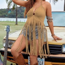 Sexy plus size tan fringe top sz 20/4x