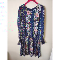 Parker Navy Floral Long Sleeve Dress With Ruffled Cuffs & Smocked Waist Size L