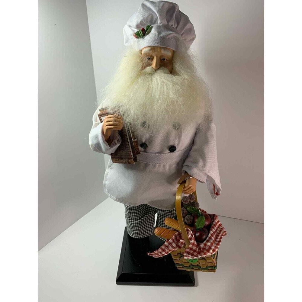 Santa Chef White Coat Black and White Checked Pants Holding Cookbooks and Basket